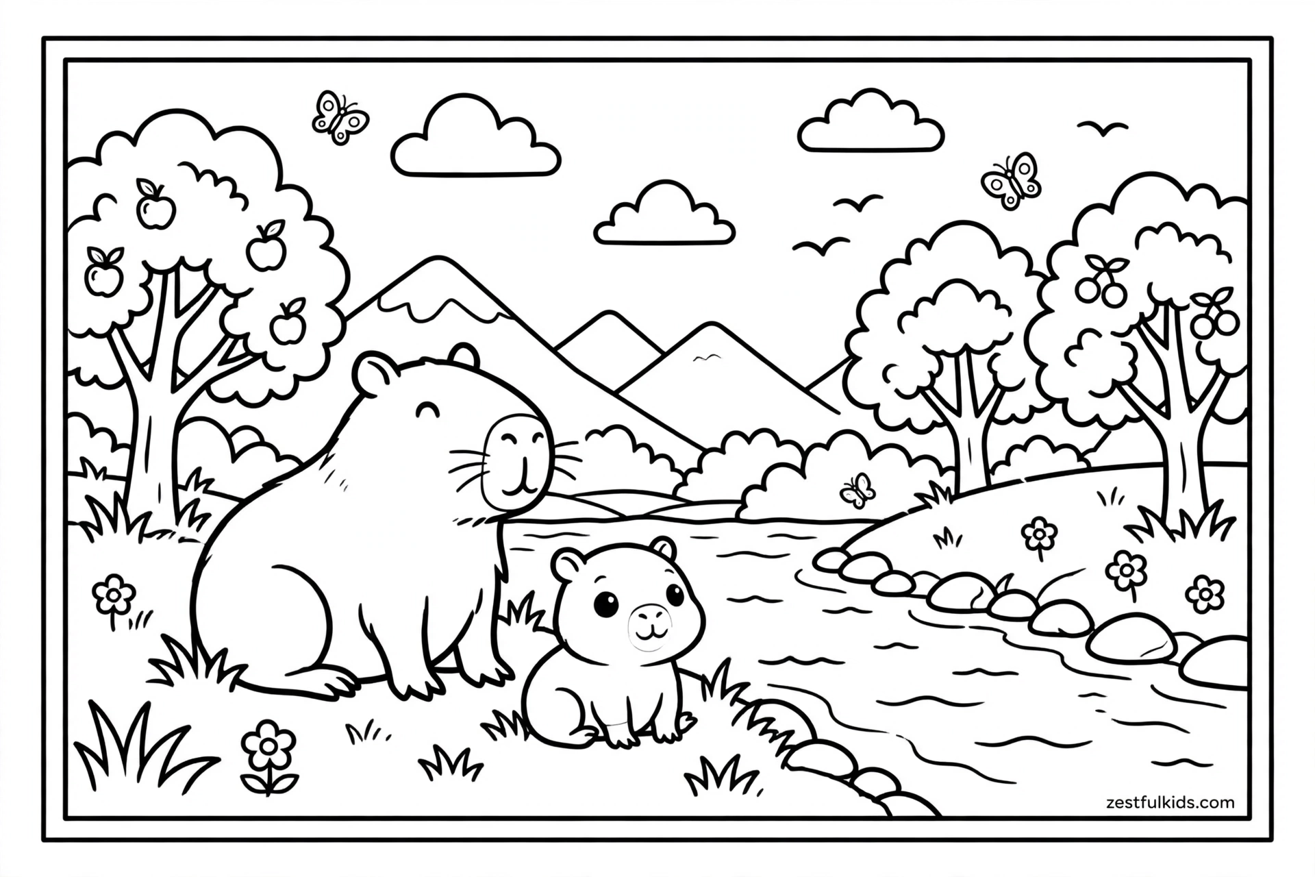 Baby Capybara Near the River Coloring Page