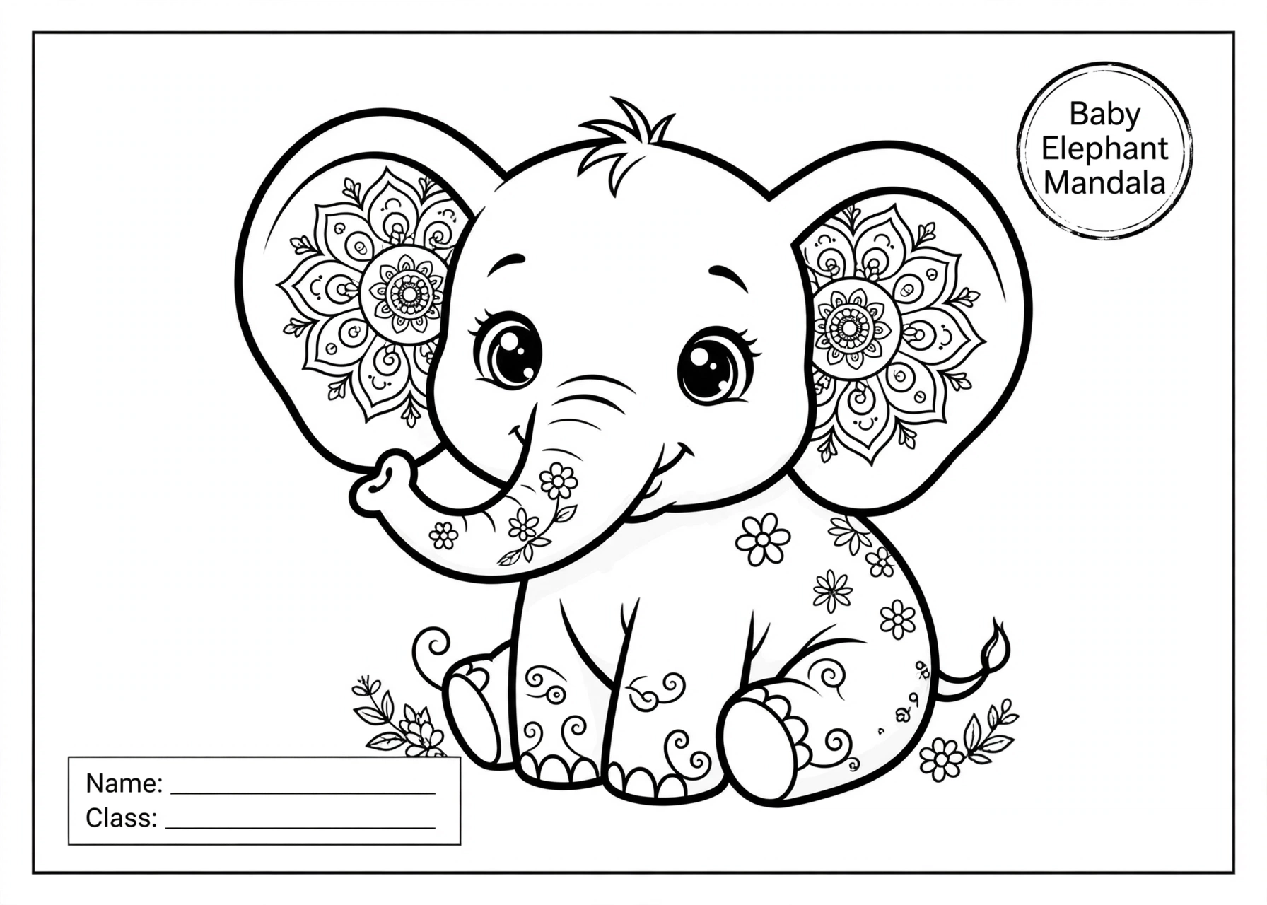 Baby Elephant Mandala coloring for kids