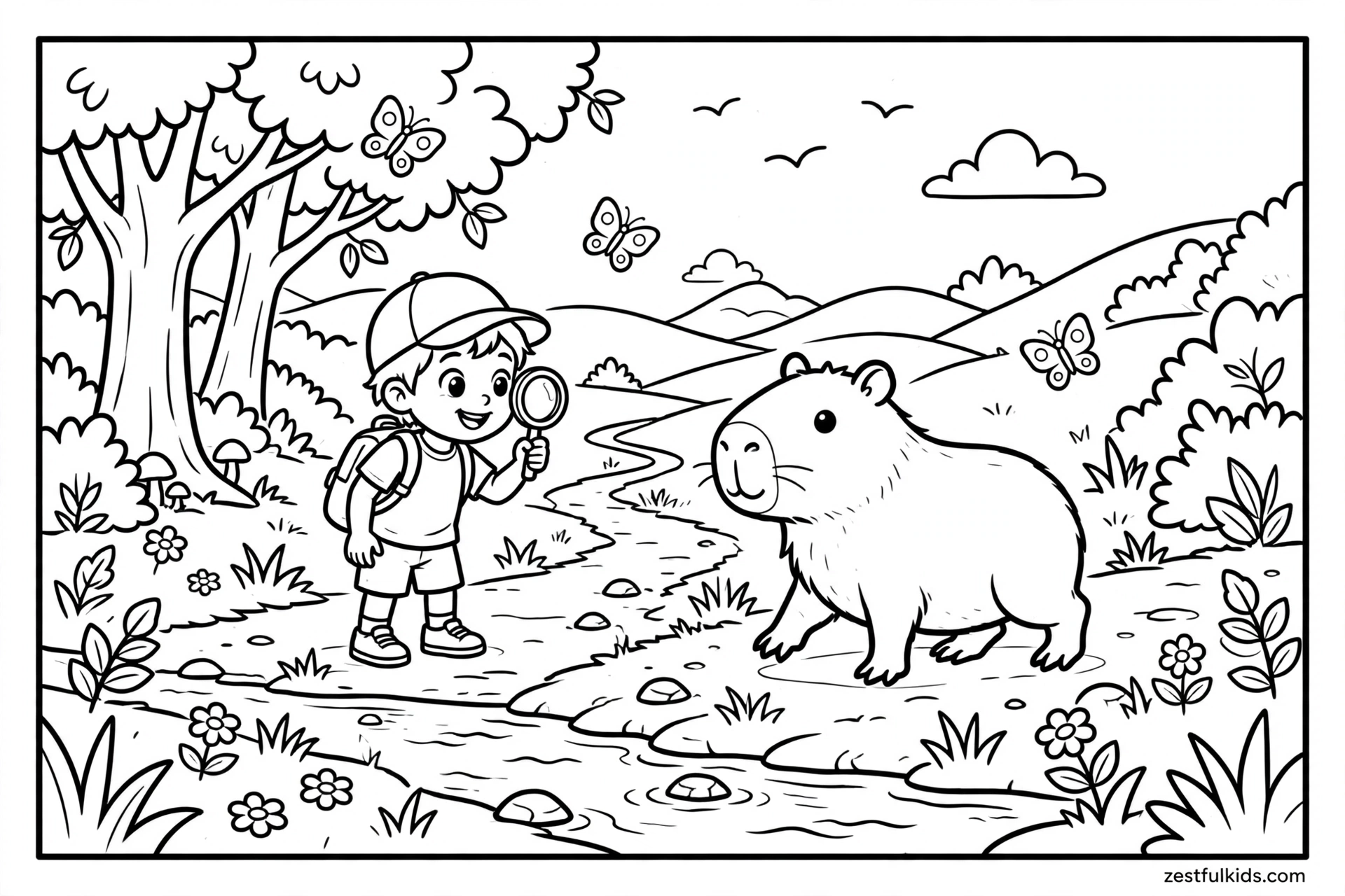 Capybara and Child Exploring Nature Coloring Page