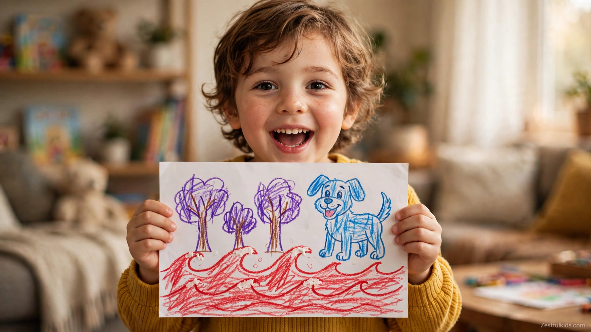 Child Proudly Showing Colorful Artwork with Red Ocean and Blue Dog