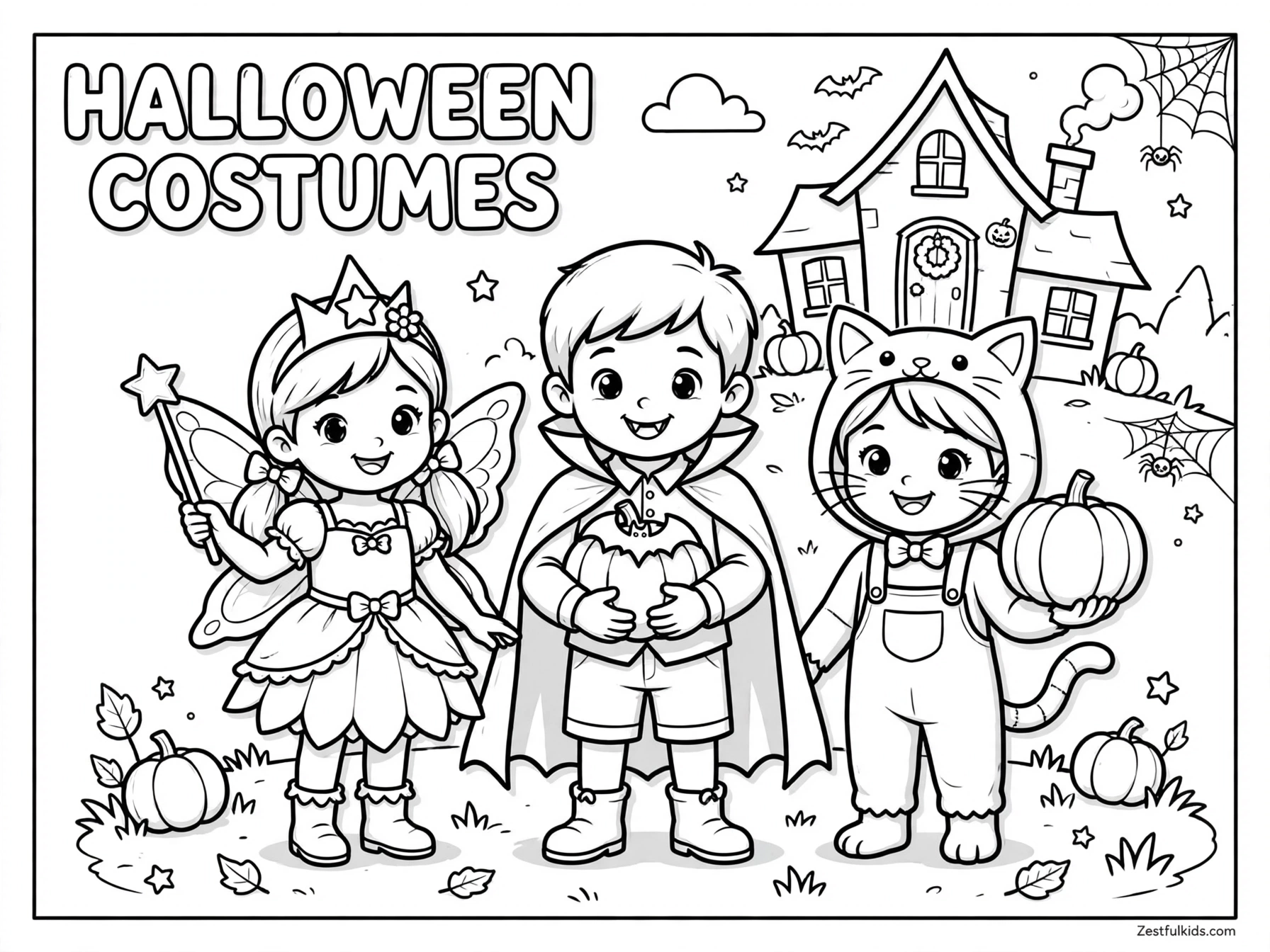 Children Wearing Halloween Costumes Coloring Page