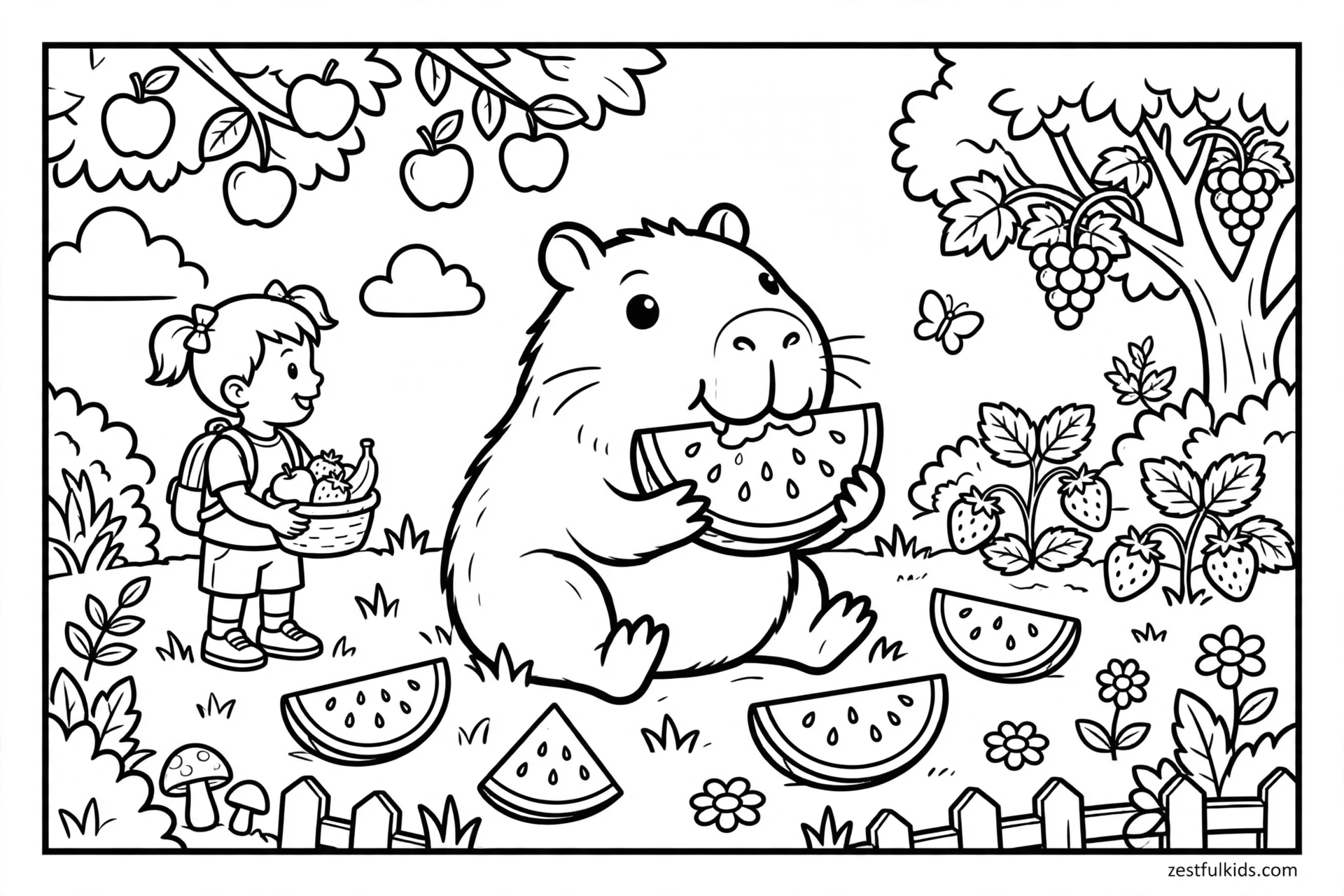 Cute Capybara Eating Watermelon Coloring Page