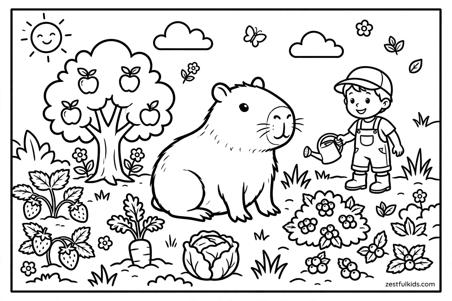Cute Capybara in a Fruit Garden Coloring Page