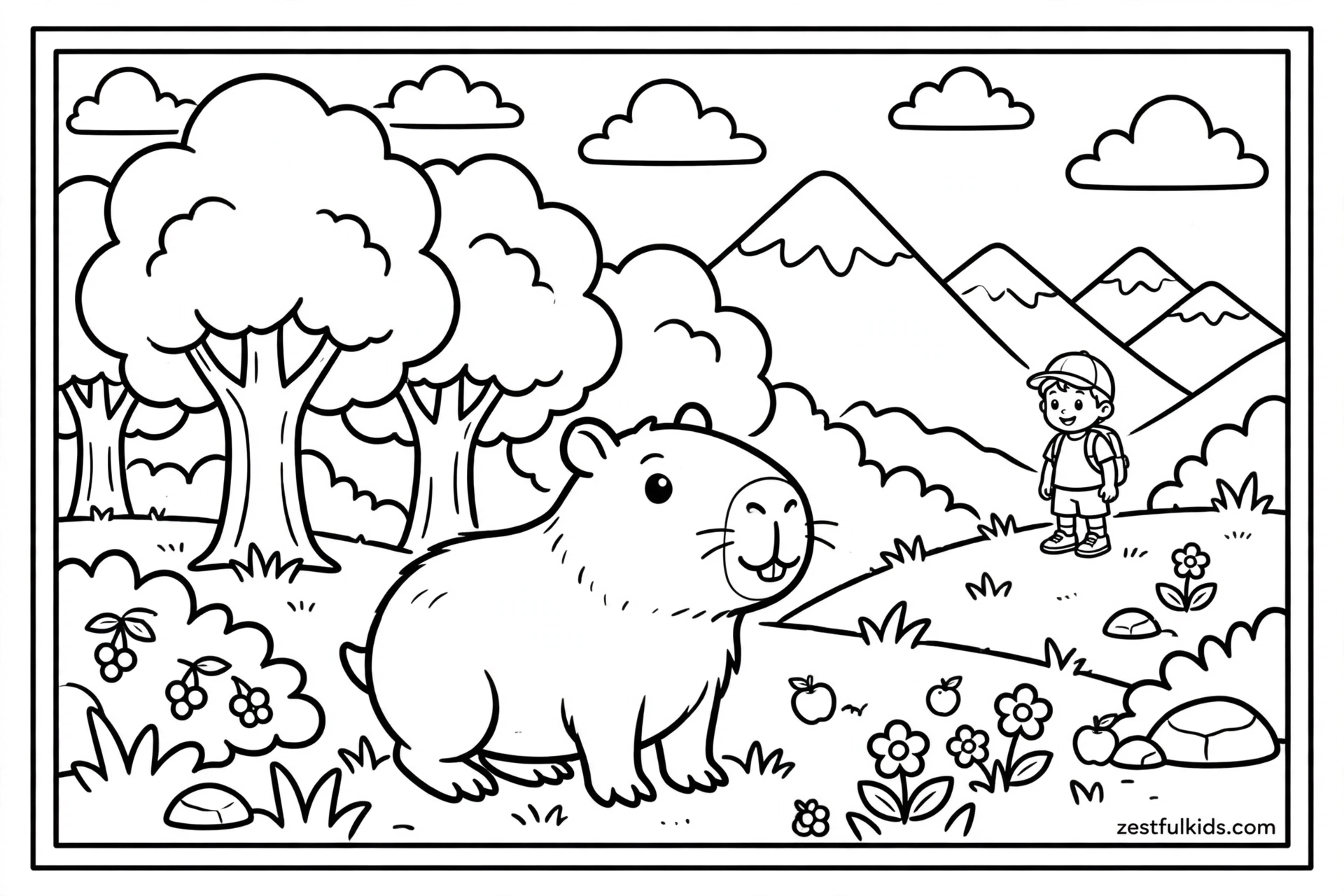 Cute Capybara in a Mountain Landscape Coloring Page