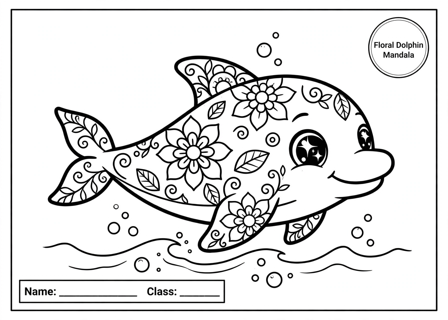 Floral Dolphin Mandala coloring for kids