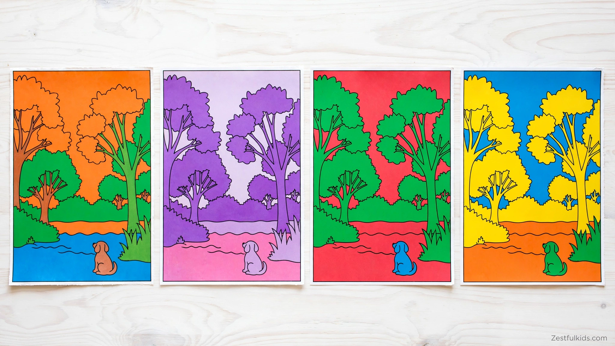 Four Different Colored Versions of the Same Coloring Page