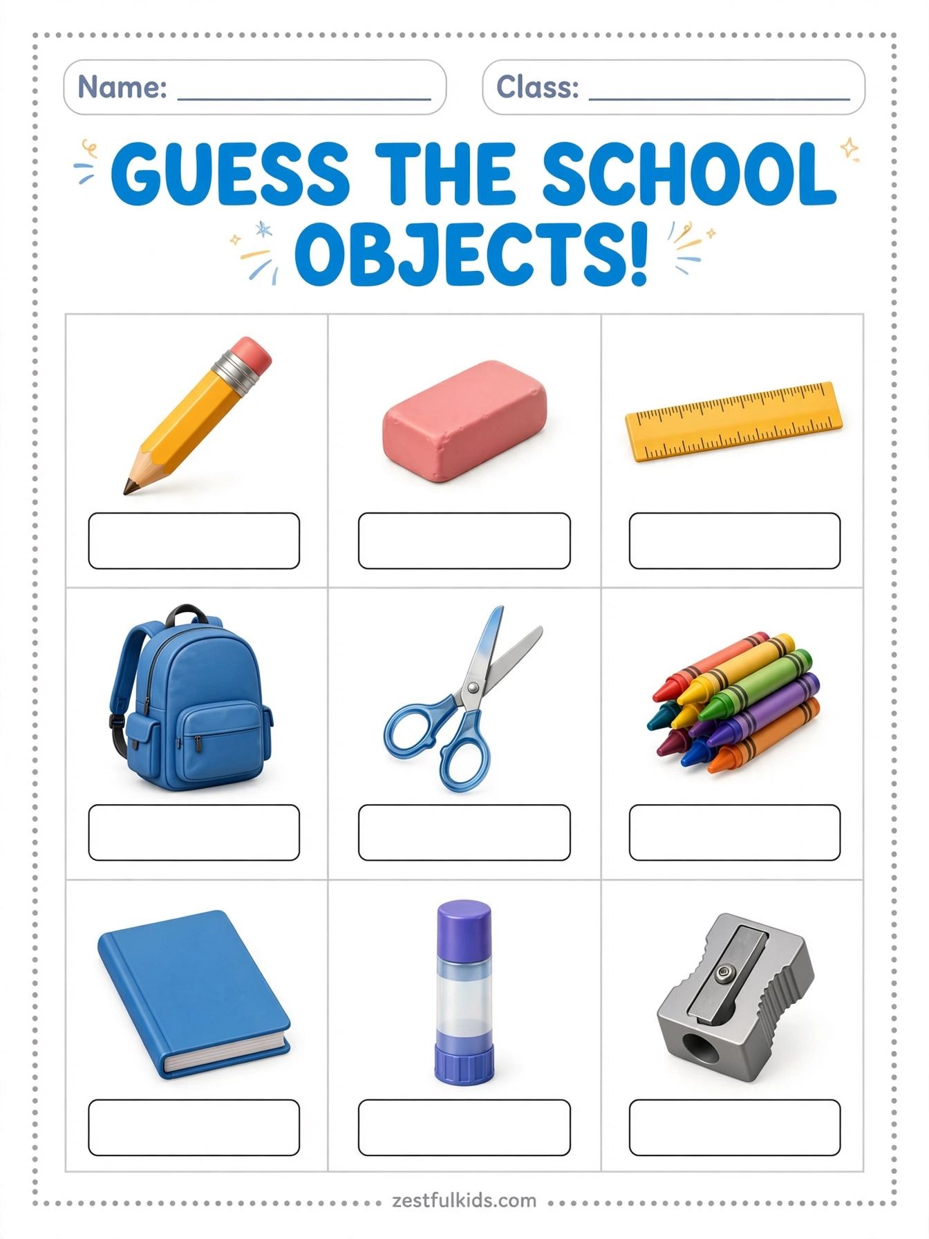 Guess the School Objects Worksheet