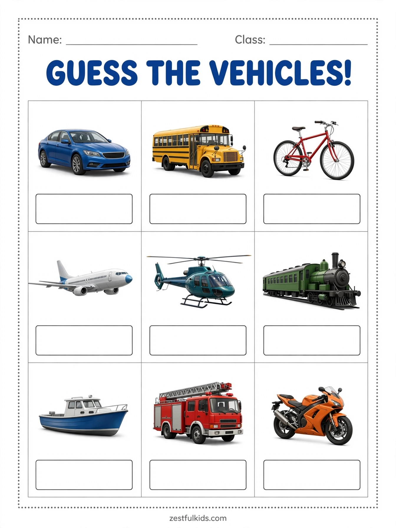 Guess the Vehicles Worksheet for Kids