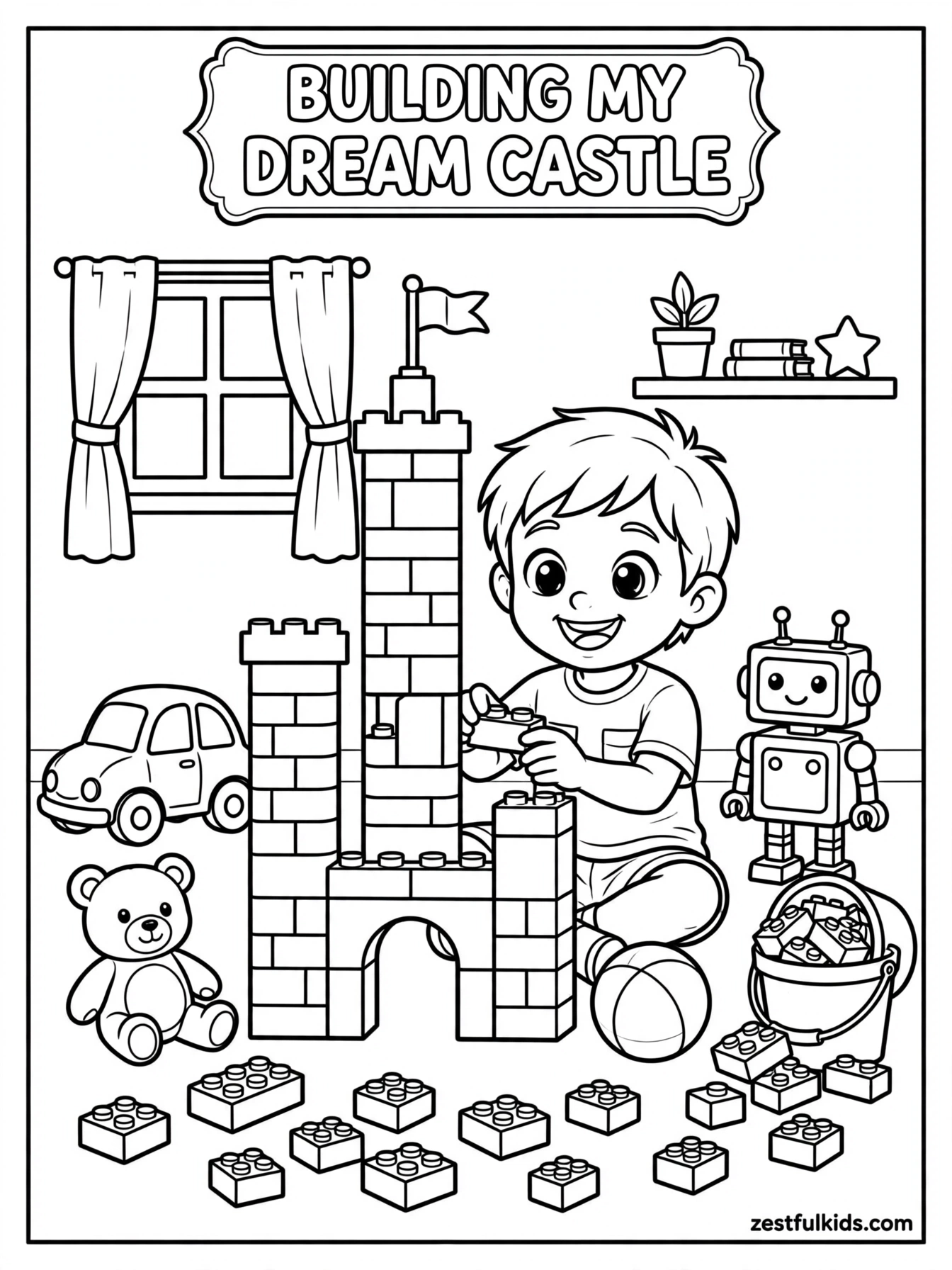 Kid constructs a tall LEGO castle coloring page