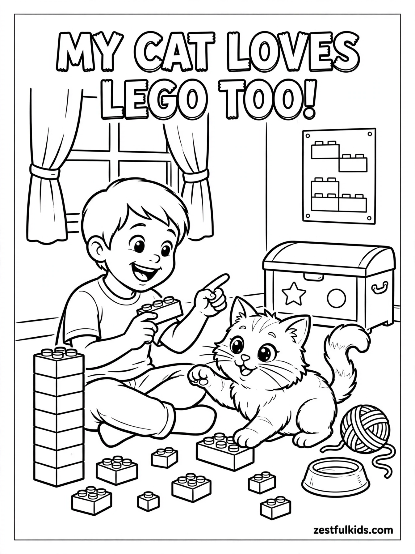 Play lego with my cat coloring page