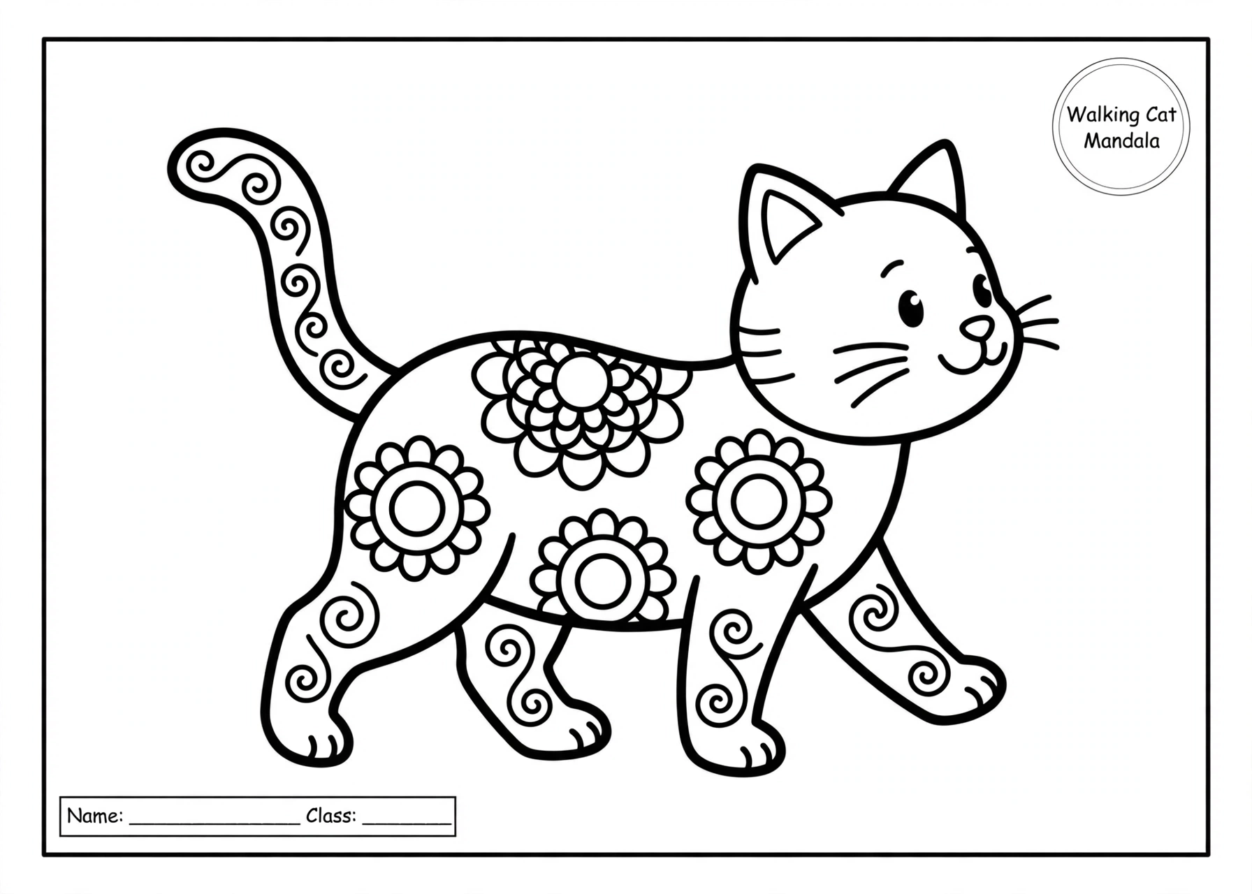 Walking Cat Mandala coloring for kids