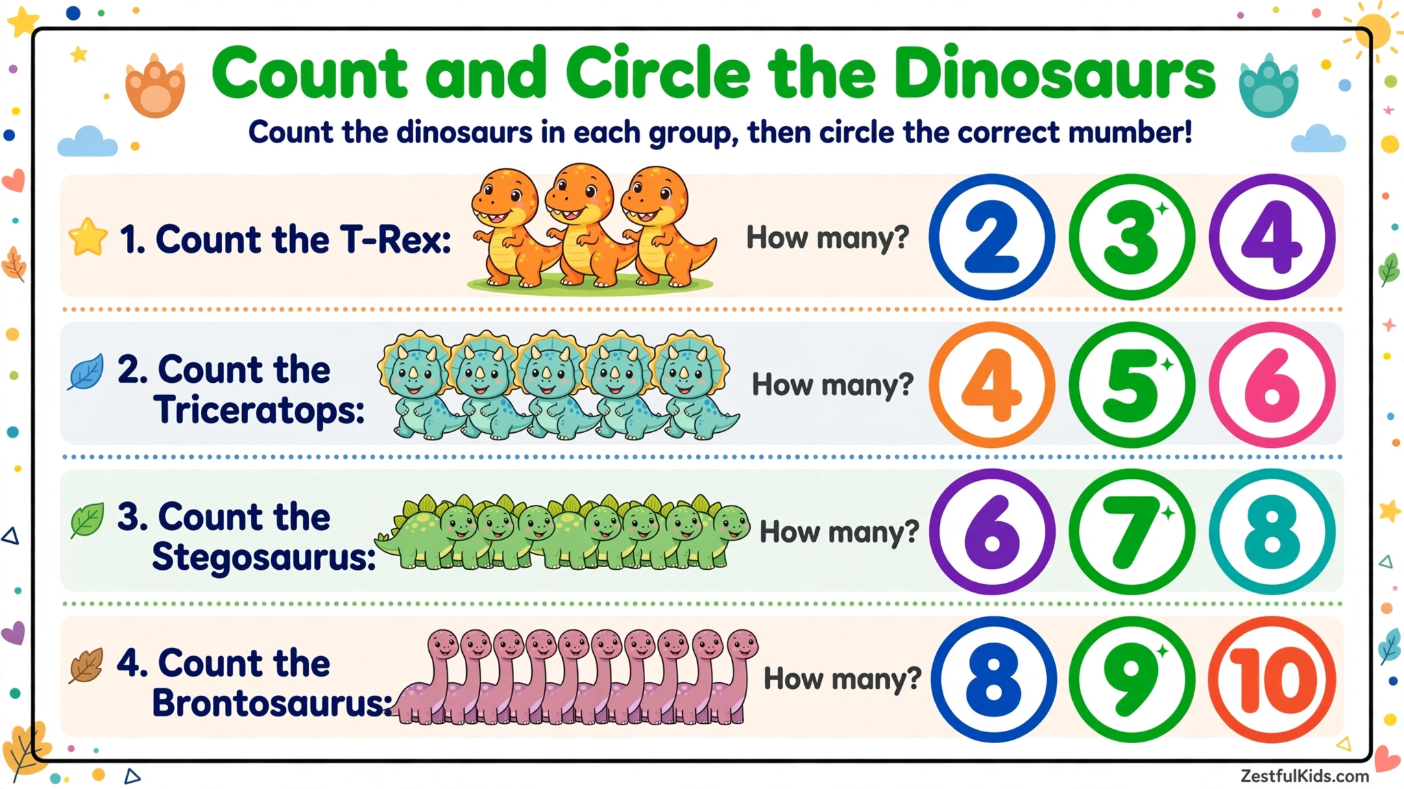 Worksheet For Kids - DInosaur Count and Circle