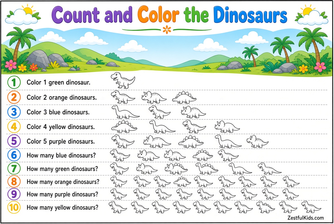 Worksheet for kids - Dinosaur Count and Color