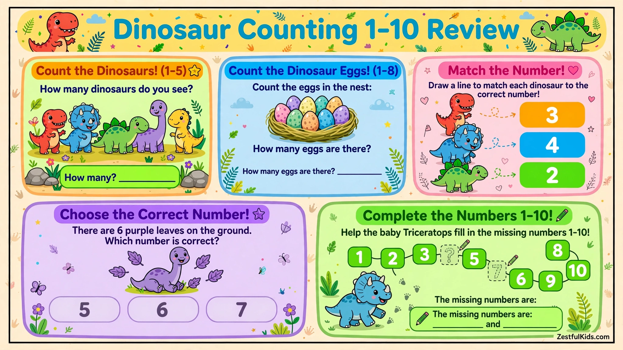 Worksheet for kids - Dinosaur Counting Review
