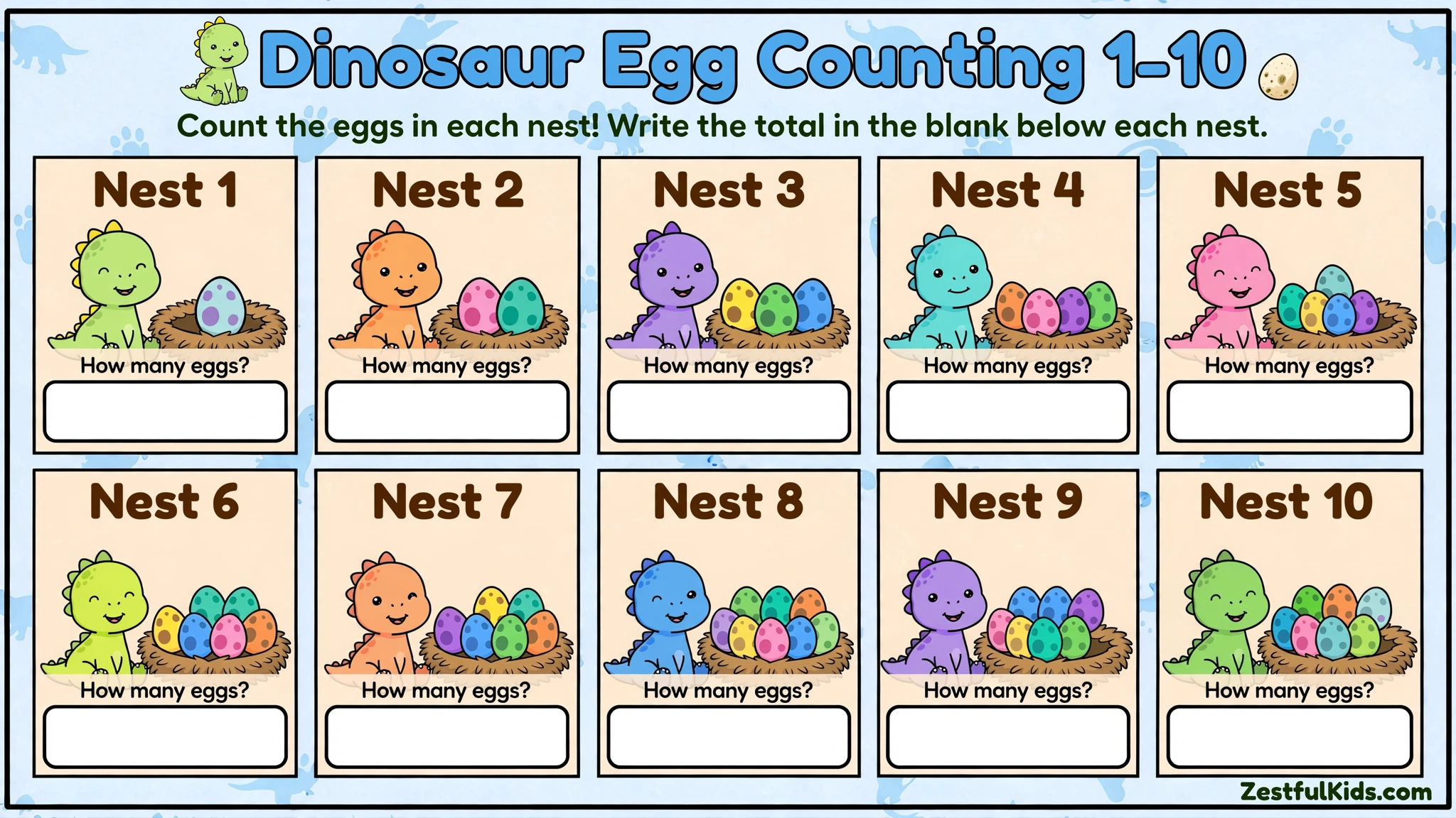 Worksheet for kids - Dinosaur Egg Counting