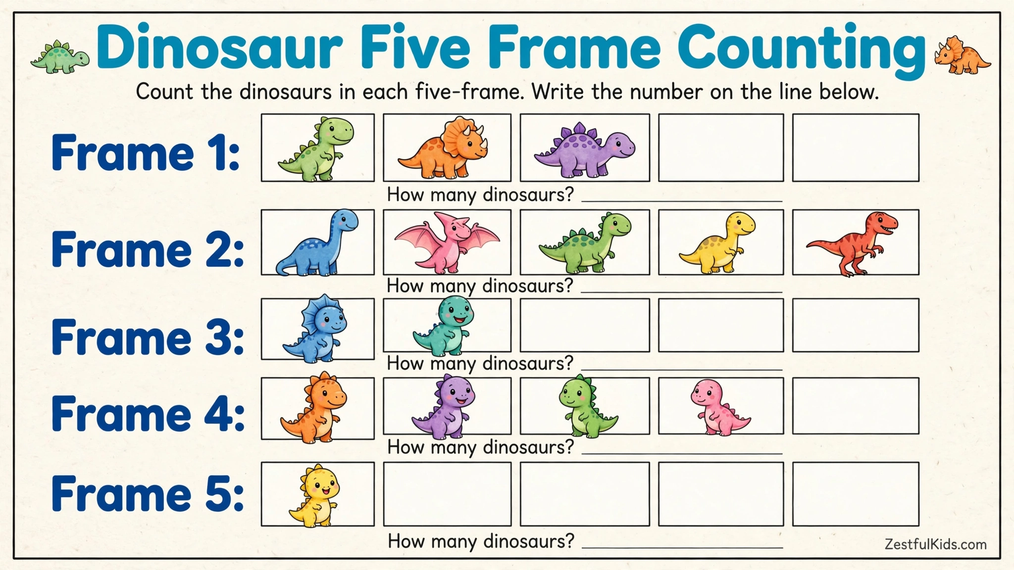 Worksheet for kids - Dinosaur Five Frame