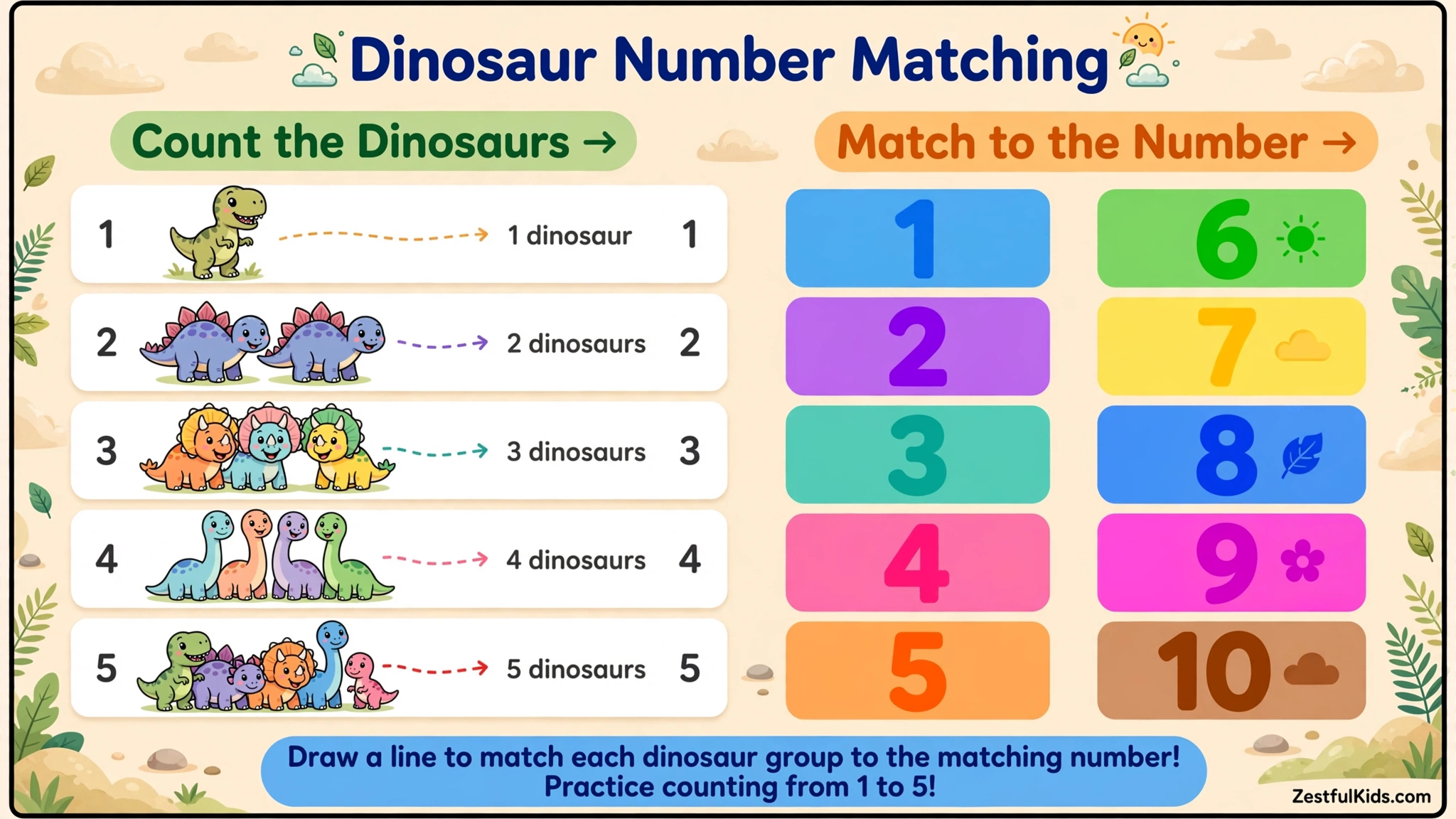 Worksheet for kids - Dinosaur Number Matching