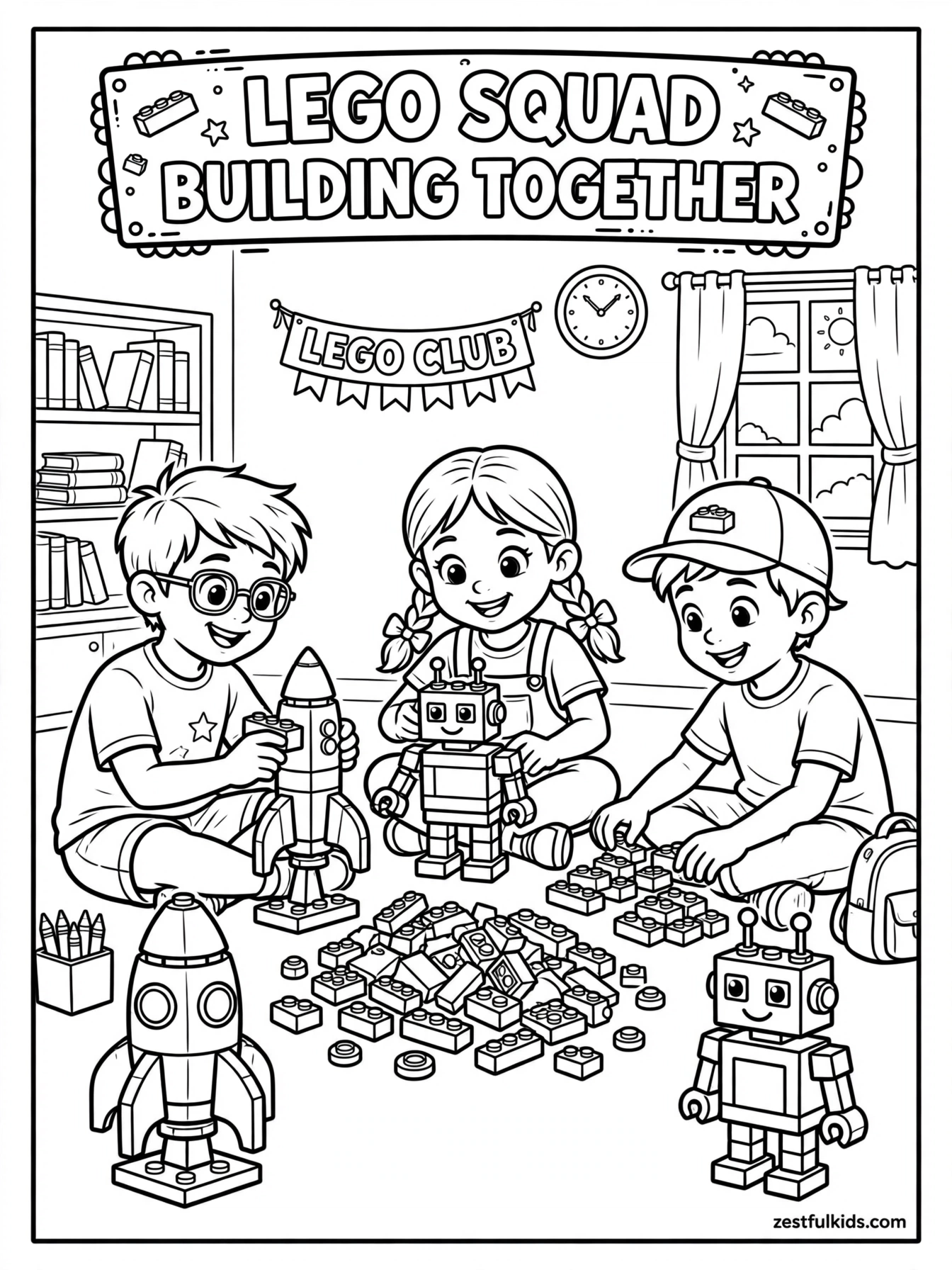 kids playing with LEGO bricks coloring page